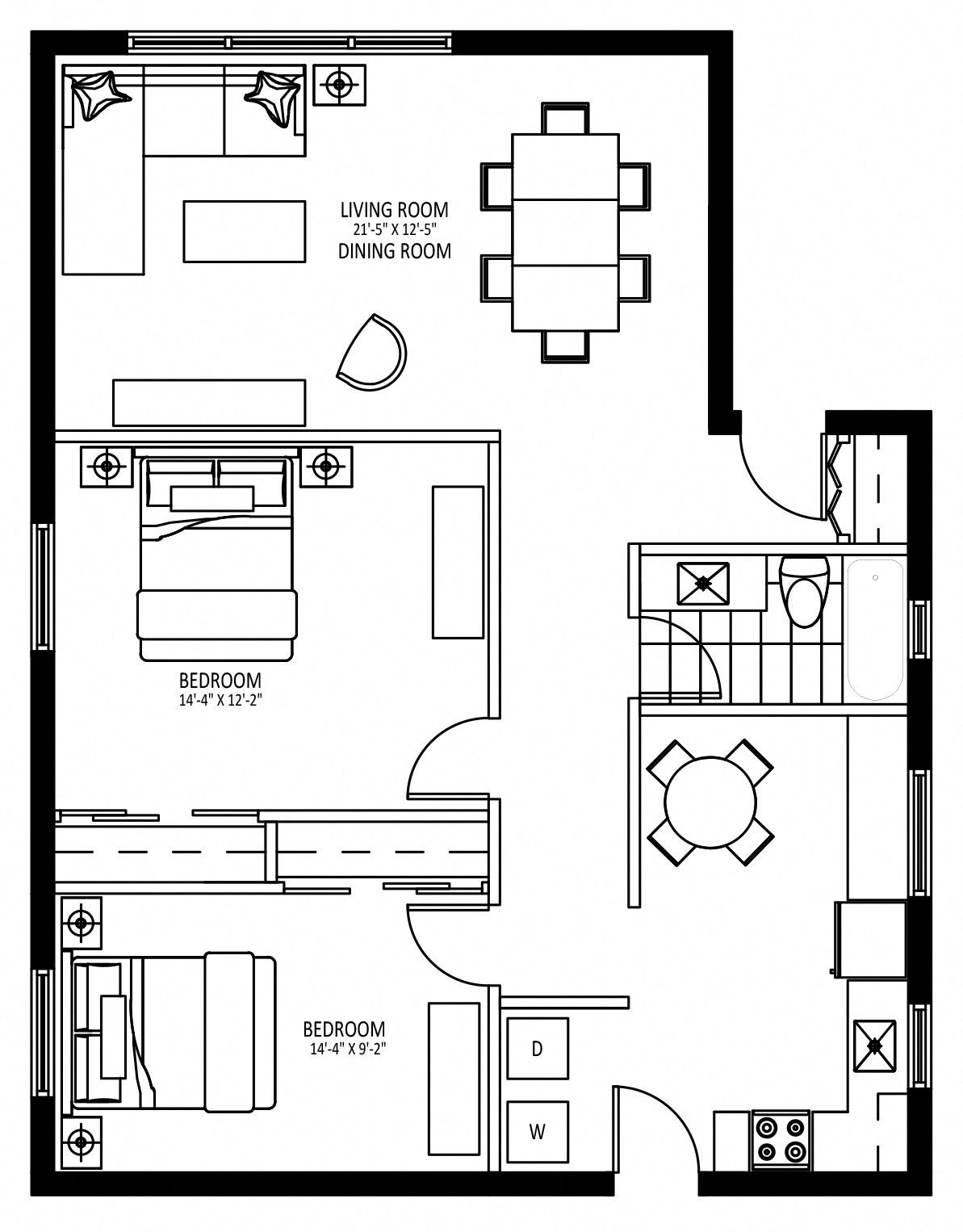 Floor plan for 2 beds, 1 bath